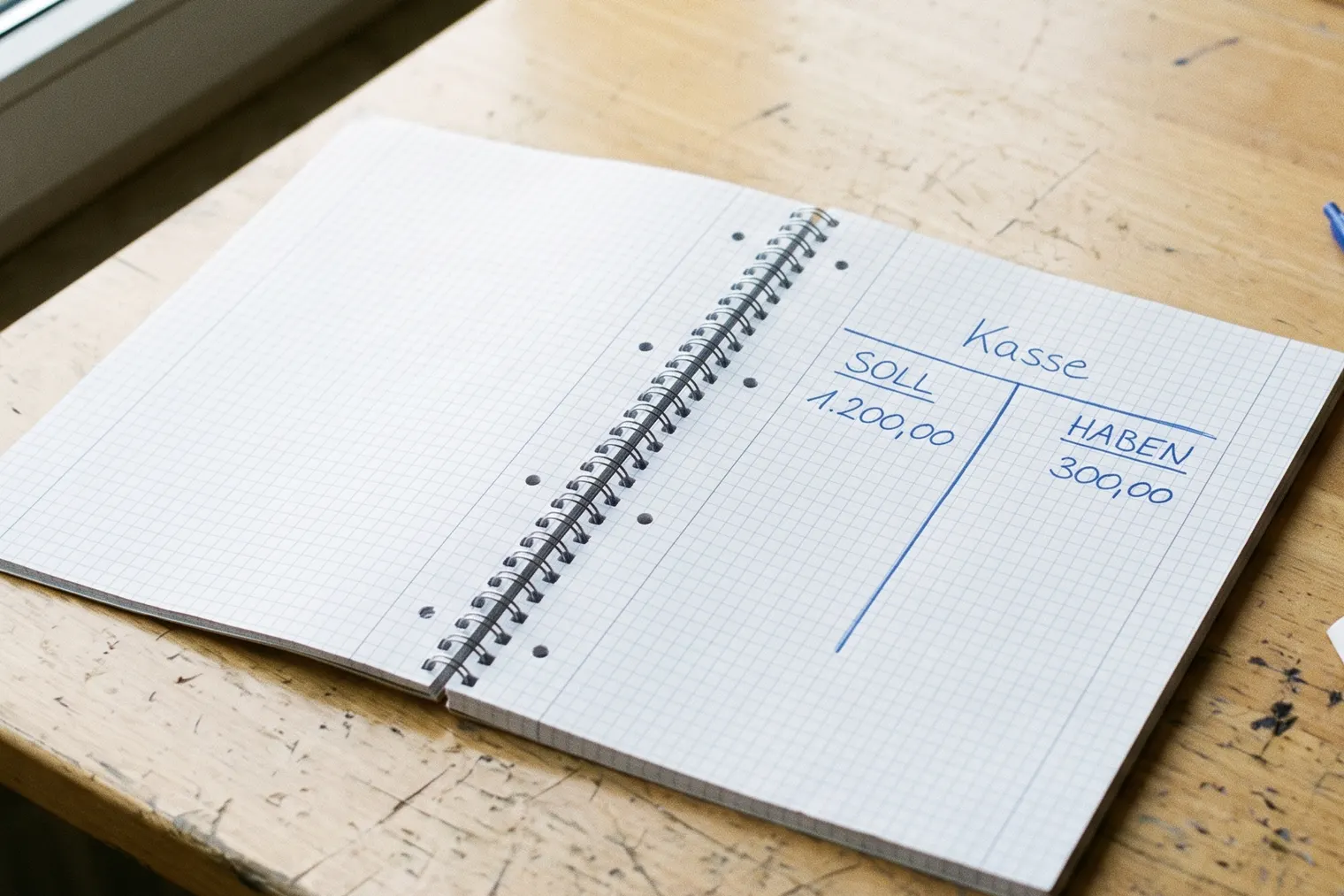 Ein mit Lineal gezogenes T-Konto im Karoheft, überschrieben mit „Kasse“, links die Soll-Seite, rechts die Haben-Seite