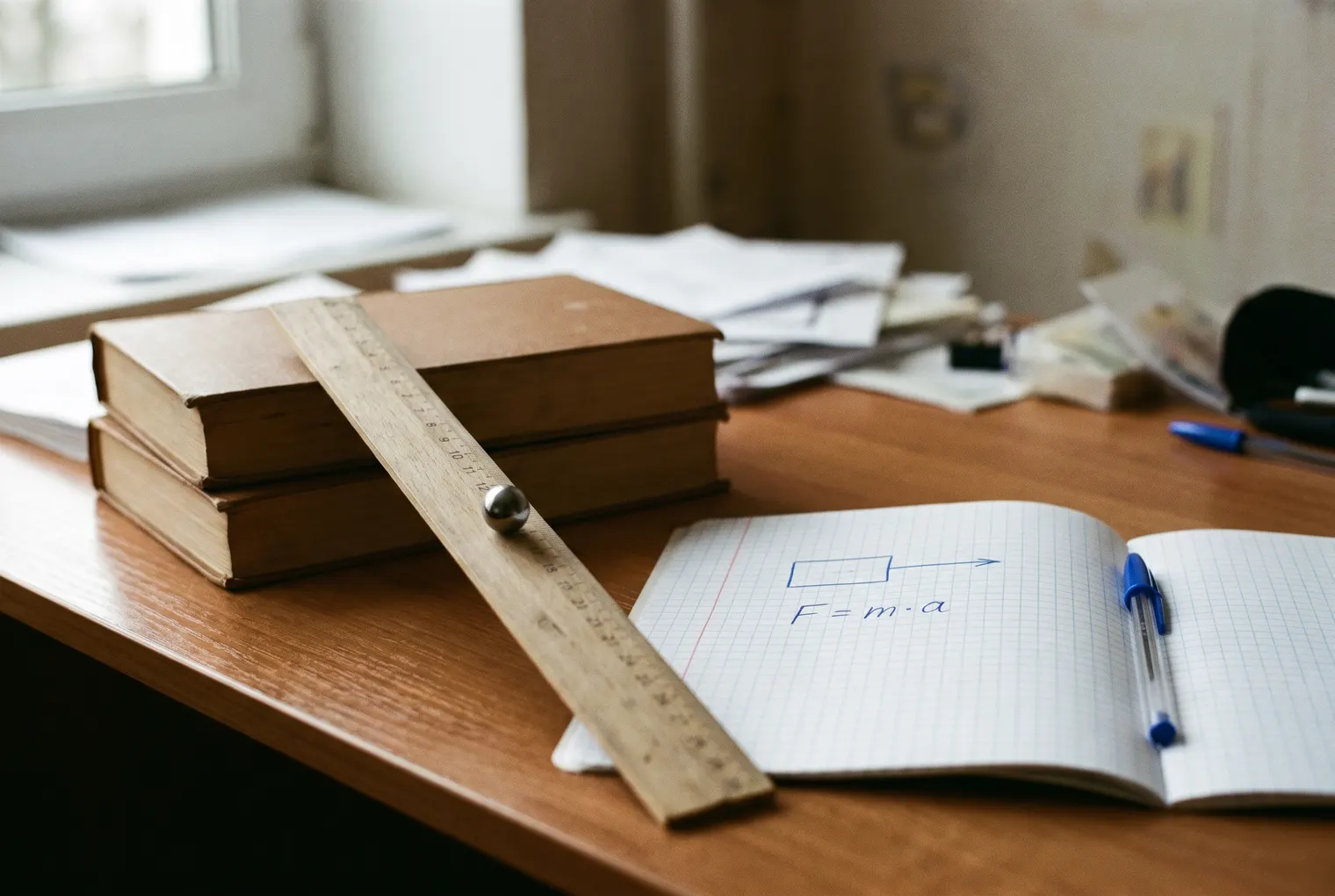 Ein auf zwei Bücher gelegtes Holzlineal bildet eine schiefe Ebene, darauf eine Stahlkugel; daneben ein Heft mit Kräftepfeil und der Formel F = m · a